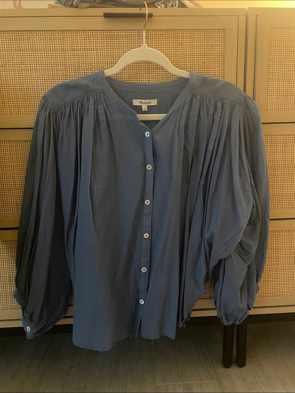 Madewell Blue Button-Down Peasant Blouse with Voluminous 3/4  Sleeves